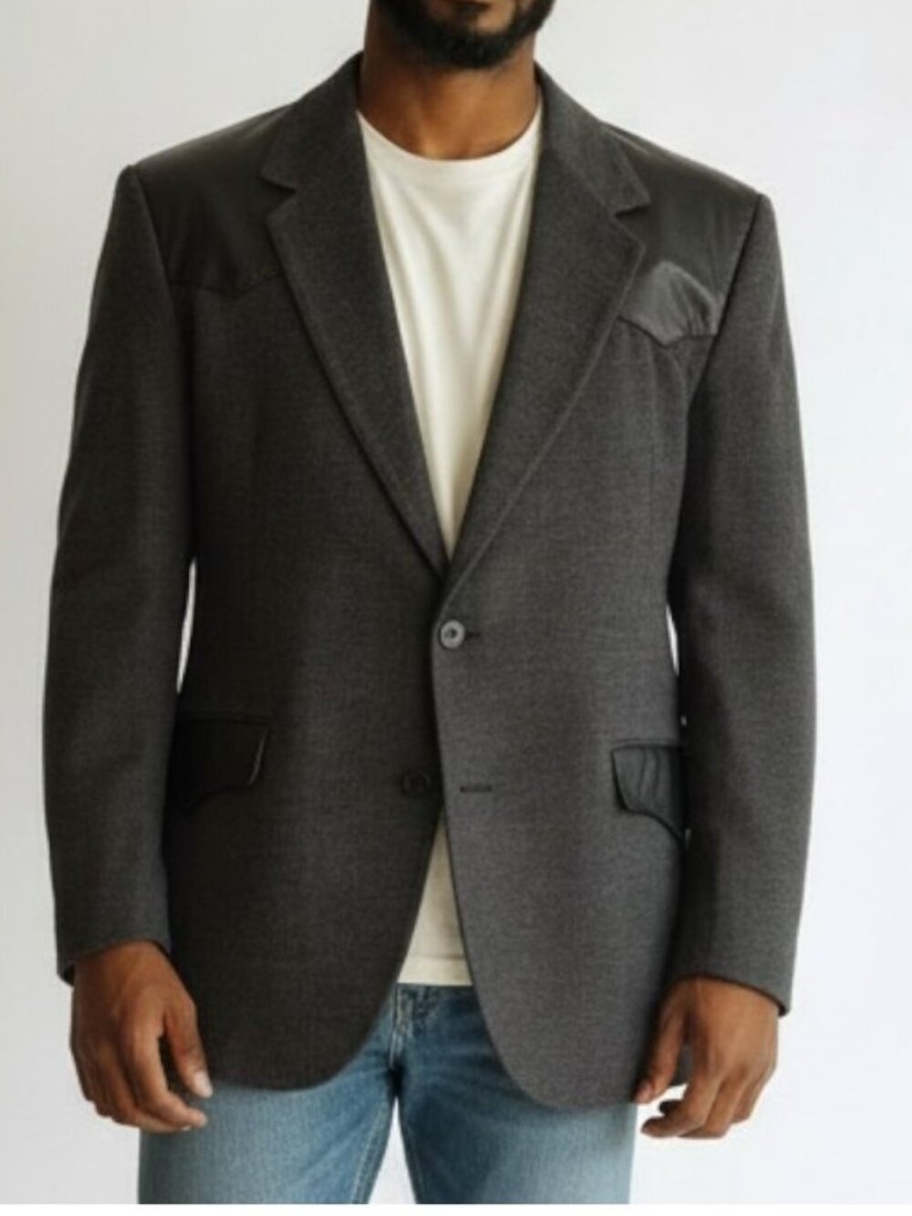 Vintage Sport Coat Jacket Men 44 Leather Tweed Gray Black Pioneer Wear Retro